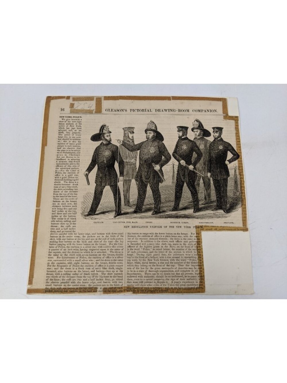 1850s Gleasons Engraving New Regulation Uniform New York Police Law Enforcement